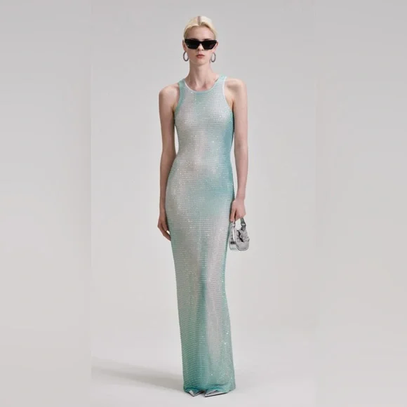 Self Portrait Green Contour Print Rhinestone Dress - Picture 1 of 17